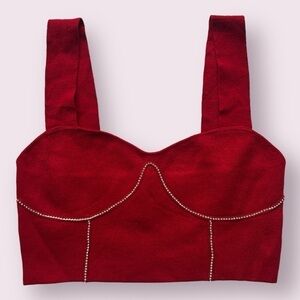 On 12th Red Rhinestone Corset Detail Crop Top Medium